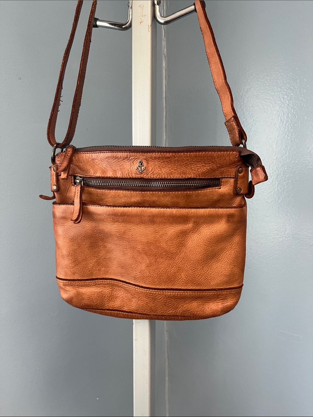 Women's Cognac Leather Crossbody Bag with Front Zip Pocket